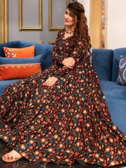 Stunning Black Digital Printed Cotton Ready-Made Gown