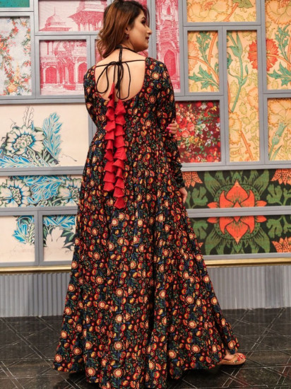 Stunning Black Digital Printed Cotton Ready-Made Gown