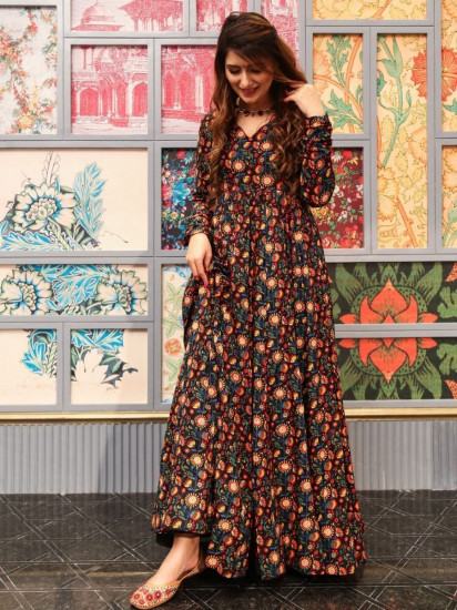 Stunning Black Digital Printed Cotton Ready-Made Gown