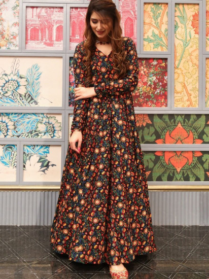 Stunning Black Digital Printed Cotton Ready-Made Gown
