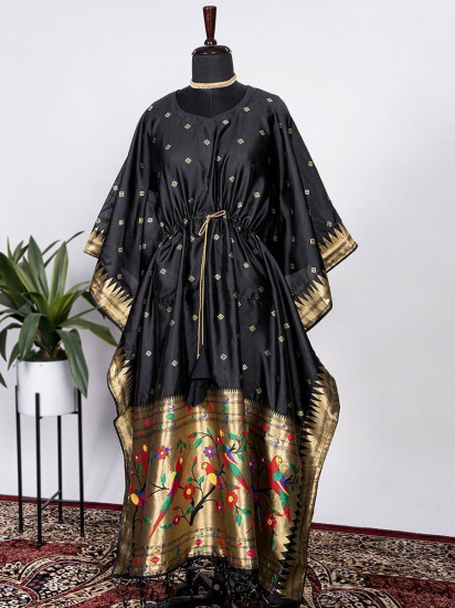 Stunning Black Zari Weaved Paithani Silk Festive Wear Kaftan