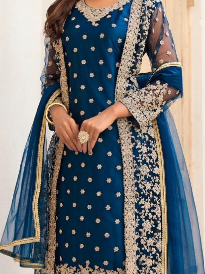 Stunning Blue Embroidered Butterfly Net Jacket Style Salwar Suit