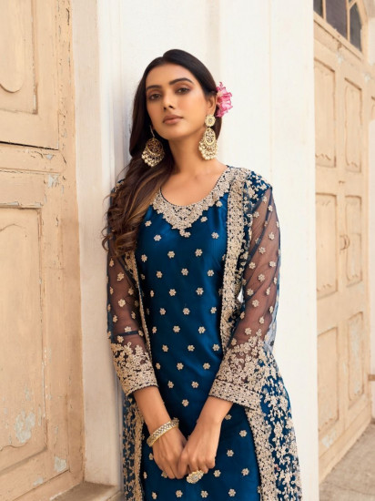 Stunning Blue Embroidered Butterfly Net Jacket Style Salwar Suit