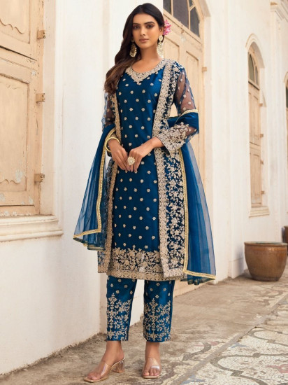 Stunning Blue Embroidered Butterfly Net Jacket Style Salwar Suit