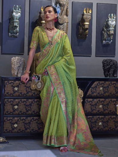 Stunning Light Green printed Silk Festival Wear Saree(Un-Stitched)
