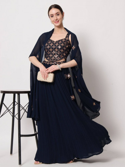 Stunning Navy Blue Embroidered Georgette Party Wear Lehenga
Semi Stitched