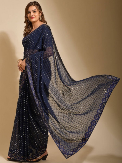 Stunning Navy-Blue Sequins Georgette Saree With Blouse(Un-Stitched)