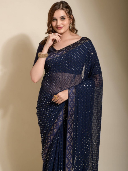 Stunning Navy-Blue Sequins Georgette Saree With Blouse(Un-Stitched)