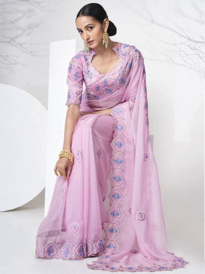 Stunning Pink Organza Floral Embroidered Reception Look Saree