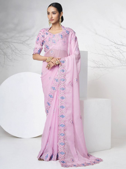 Stunning Pink Organza Floral Embroidered Reception Look Saree