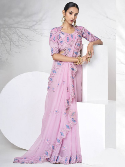 Stunning Pink Organza Floral Embroidered Reception Look Saree