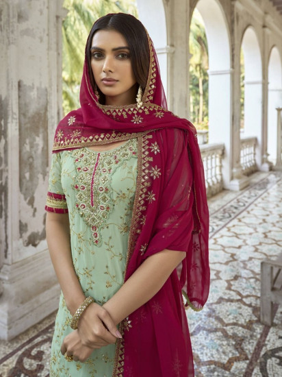 Stunning Pista-Green georgette Marriage Wear Palazzo Suit