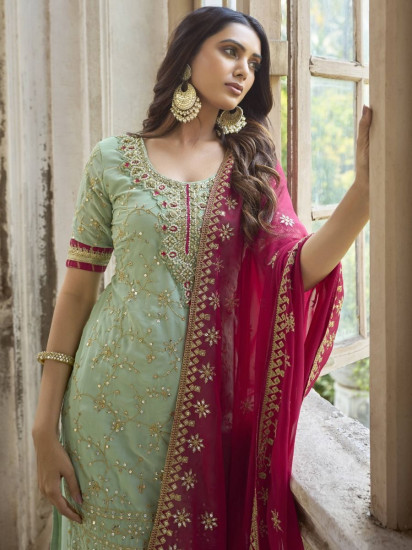 Stunning Pista-Green georgette Marriage Wear Palazzo Suit
