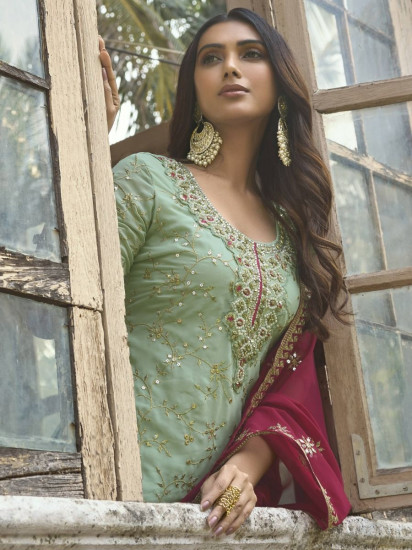 Stunning Pista-Green georgette Marriage Wear Palazzo Suit