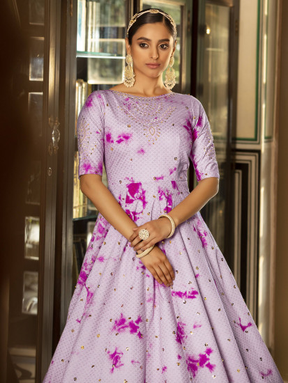 Stunning Purple Shibori Print Cotton With Sequins Anarkali Gown
