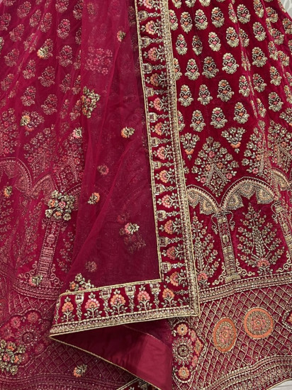 Stunning Rani Pink Zari Work Velvet Bridal Wear Lehenga Choli
Semi Stitched