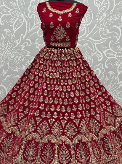 Stunning Rani Pink Zari Work Velvet Bridal Wear Lehenga Choli
Semi Stitched