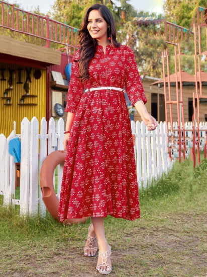 Stunning Red Floral Printed Readymade Rayon Kurti With Belt