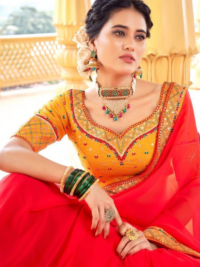 Stunning Red Thread Embroidered Georgette Saree With Blouse(Un-Stitched)