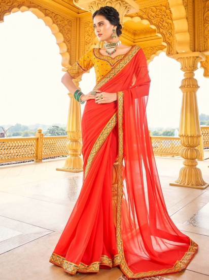 Stunning Red Thread Embroidered Georgette Saree With Blouse(Un-Stitched)