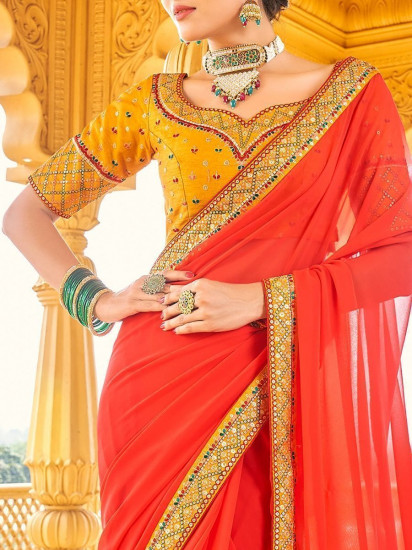 Stunning Red Thread Embroidered Georgette Saree With Blouse(Un-Stitched)