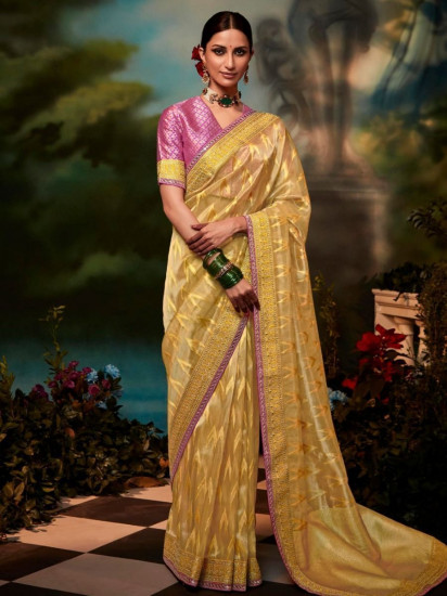 Stunning Yellow Organza Silk Weaving Saree With Blouse(Un-Stitched)