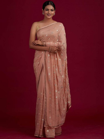 Stupefy Peach Sequined Georgette Kitty Party Saree With Blouse(Un-Stitched)
