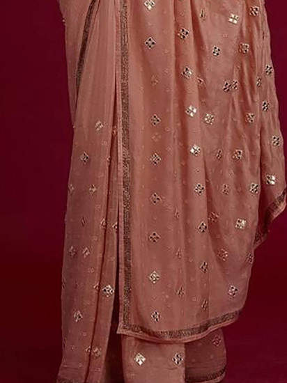 Stupefy Peach Sequined Georgette Kitty Party Saree With Blouse(Un-Stitched)