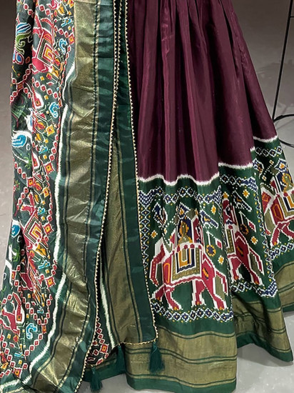 Stupendous Brown Patola Print Dola Silk Party Wear Gown