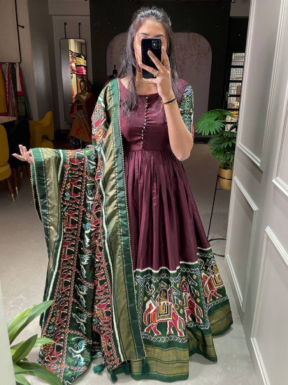 Stupendous Brown Patola Print Dola Silk Party Wear Gown