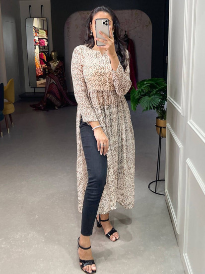 Stylish White Animal Printed Chiffon Nayra Cut Party Wear Kurti