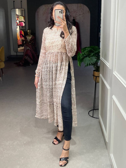 Stylish White Animal Printed Chiffon Nayra Cut Party Wear Kurti