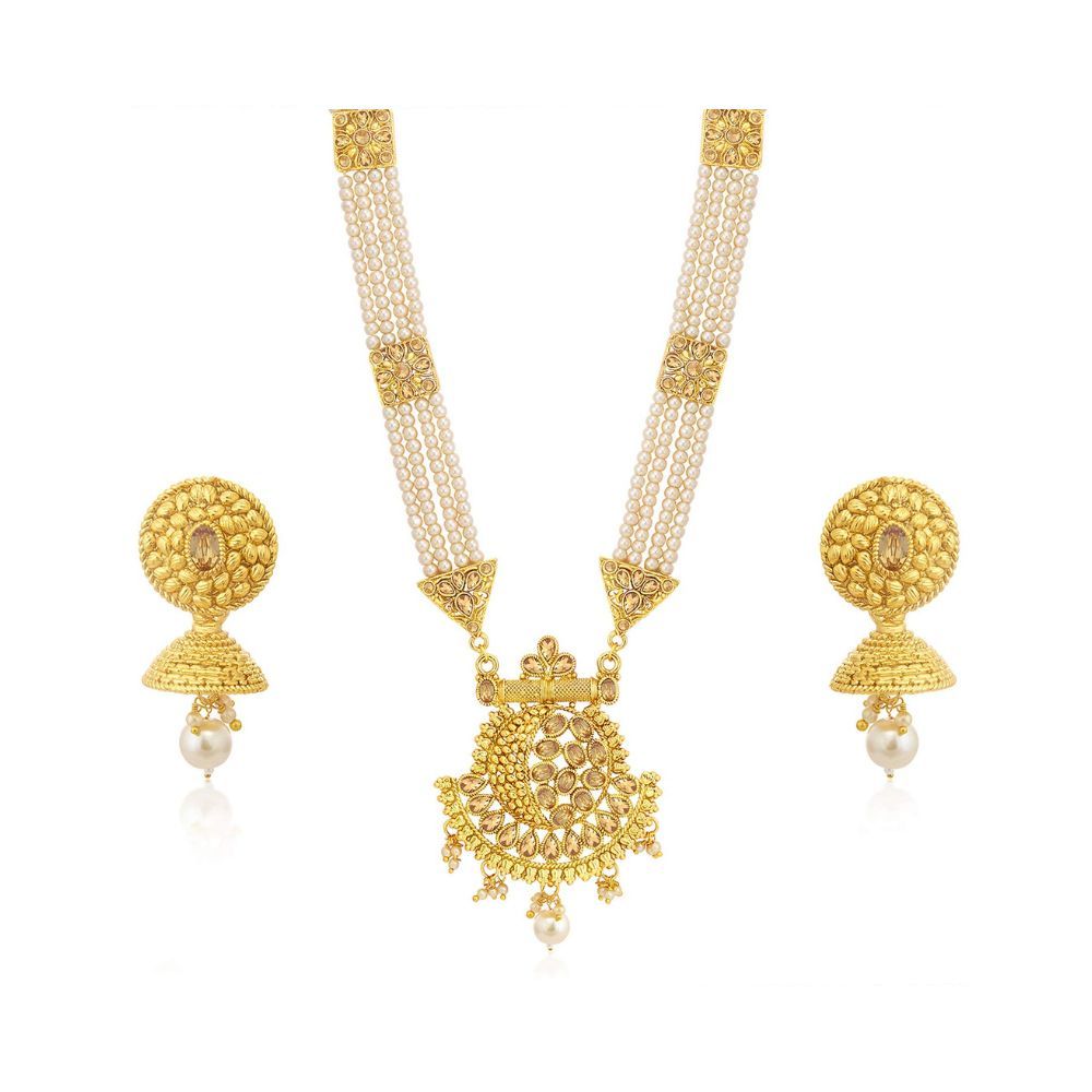 Sukkhi Classic LCT Gold Plated Wedding Jewellery Pearl Long Haram Necklace Set For Women (N83782)