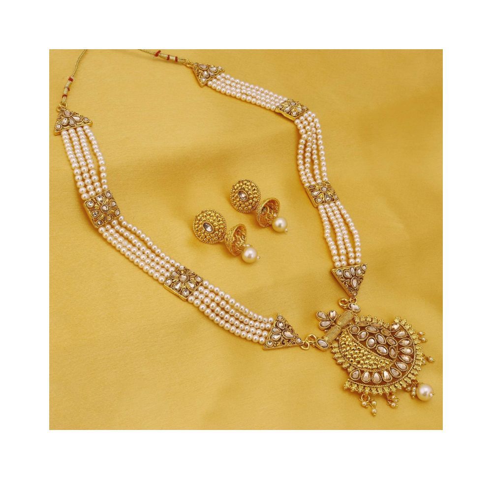 Sukkhi Classic LCT Gold Plated Wedding Jewellery Pearl Long Haram Necklace Set For Women (N83782)