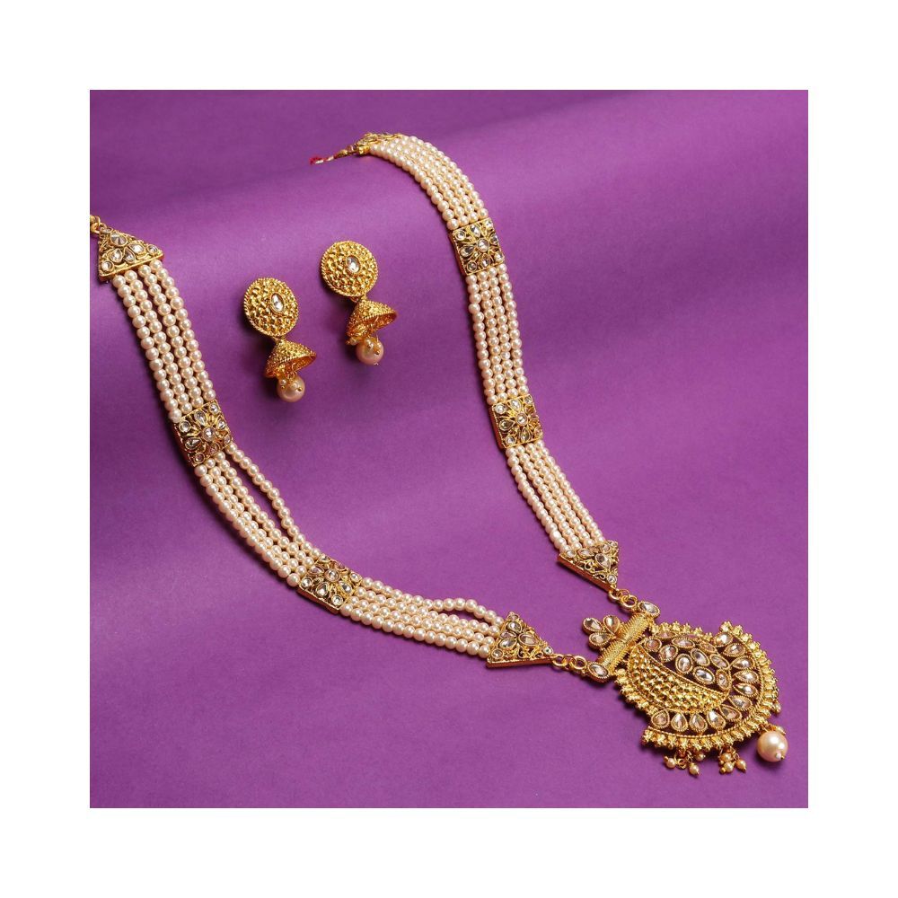 Sukkhi Classic LCT Gold Plated Wedding Jewellery Pearl Long Haram Necklace Set For Women (N83782)