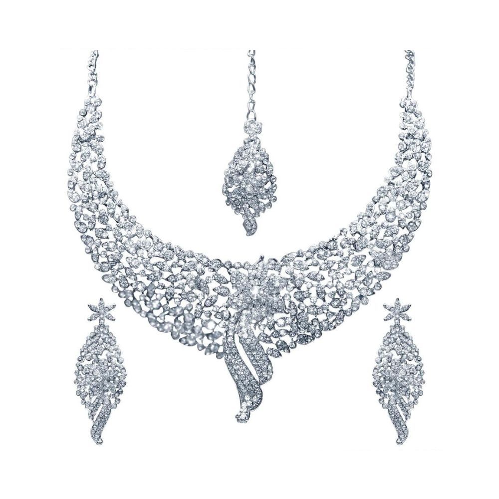 Sukkhi Sleek Rhodium plated AD Stone Necklace Set for Women