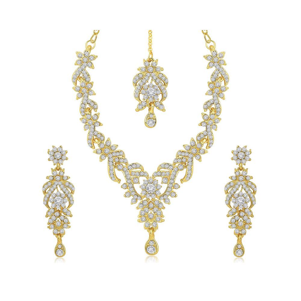 Sukkhi Sparkling Gold Plated Wedding Jewellery Austrian Diamond Set of 4 Necklace Combo for Women (SKR48715)