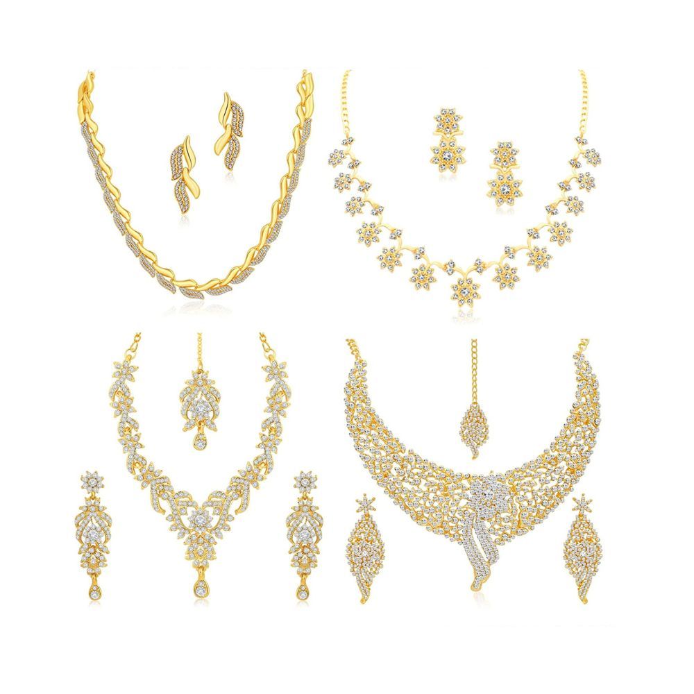 Sukkhi Sparkling Gold Plated Wedding Jewellery Austrian Diamond Set of 4 Necklace Combo for Women (SKR48715)