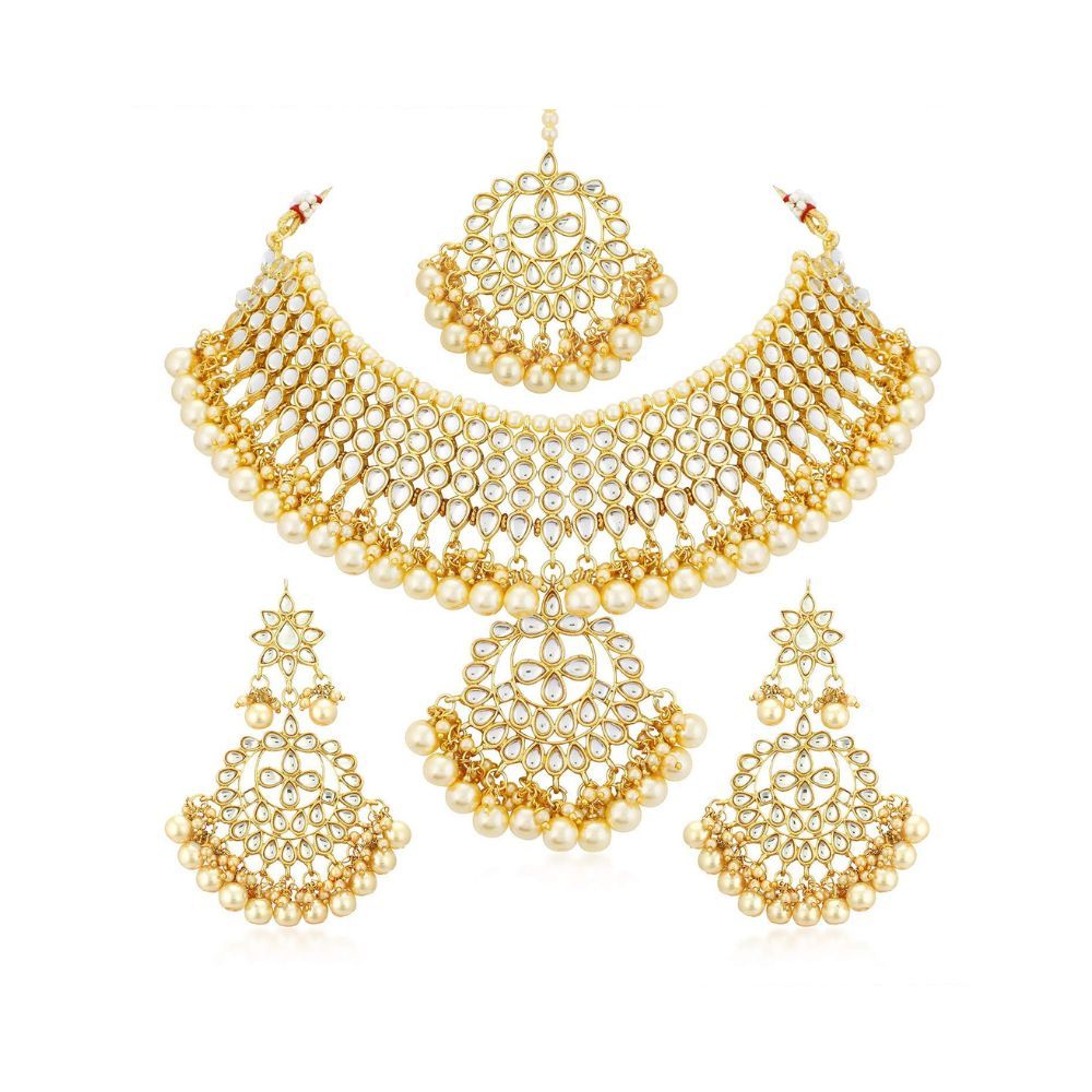 Sukkhi Trendy Kundan Gold Plated Wedding Jewellery Pearl Choker Necklace Set for Women (N73544)