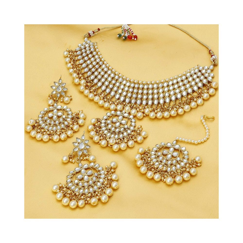Sukkhi Trendy Kundan Gold Plated Wedding Jewellery Pearl Choker Necklace Set for Women (N73544)
