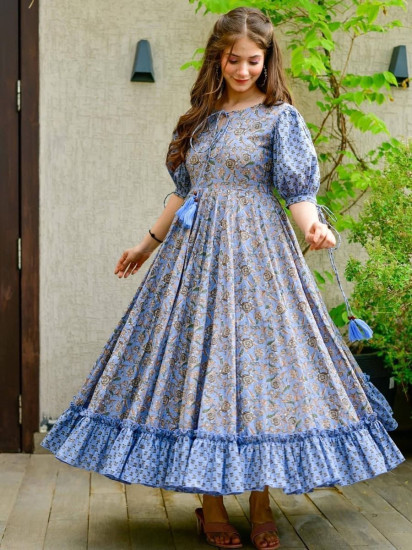 Sumptuous Blue Floral Print Cotton Silk Readymade Fancy Kurti