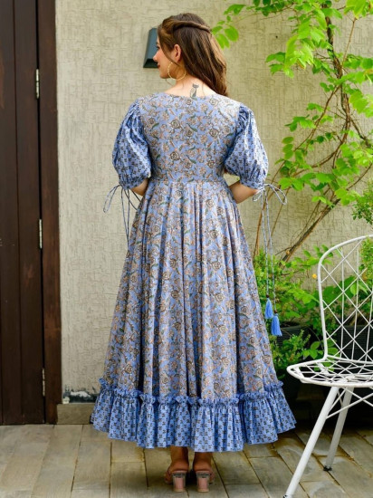 Sumptuous Blue Floral Print Cotton Silk Readymade Fancy Kurti