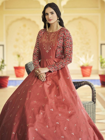 Sumptuous Burnt Orange Sequins Work Cotton Gown With Jacket