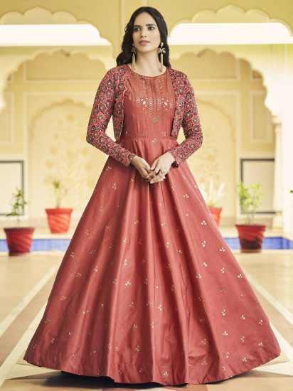 Sumptuous Burnt Orange Sequins Work Cotton Gown With Jacket