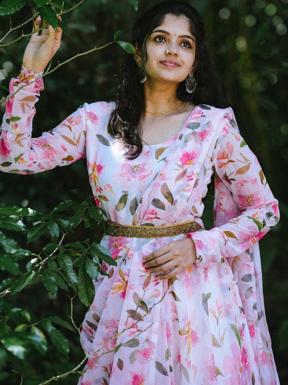 Sumptuous Pink Floral Print Georgette Ready-to-wear Party Gown
