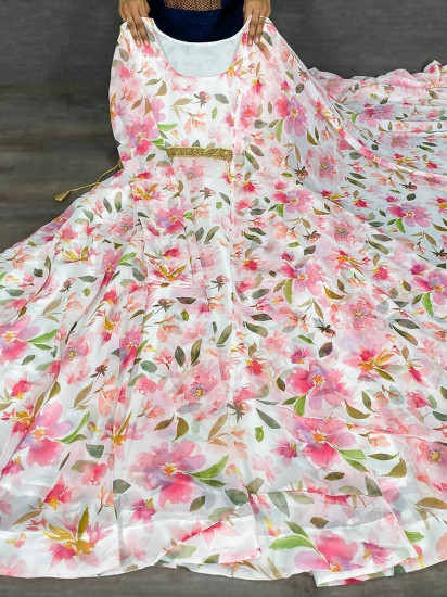 Sumptuous Pink Floral Print Georgette Ready-to-wear Party Gown