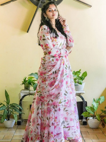 Sumptuous Pink Floral Print Georgette Ready-to-wear Party Gown
