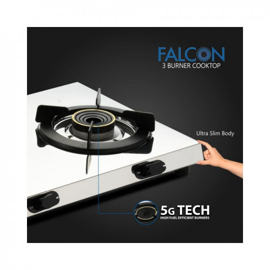 Sunshine Falcon Ultra Slim Stainless Steel Cooktop, ISI Certified Manual Ignition 3 Burner Gas Stove, 2 Years General Warranty