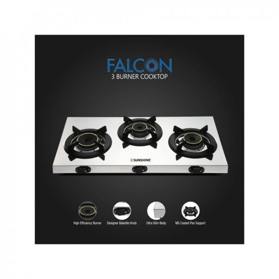 Sunshine Falcon Ultra Slim Stainless Steel Cooktop, ISI Certified Manual Ignition 3 Burner Gas Stove, 2 Years General Warranty