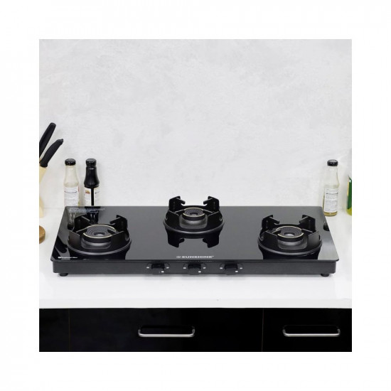 Sunshine Regal Pro Gas Stove Toughened Glass Cooktop Manual Ignition| Stainless Steel Frame | ISI Certified | 2 Years General Warranty (Burner, Gas Valve and Glass - 5 Years) (3 Burner)